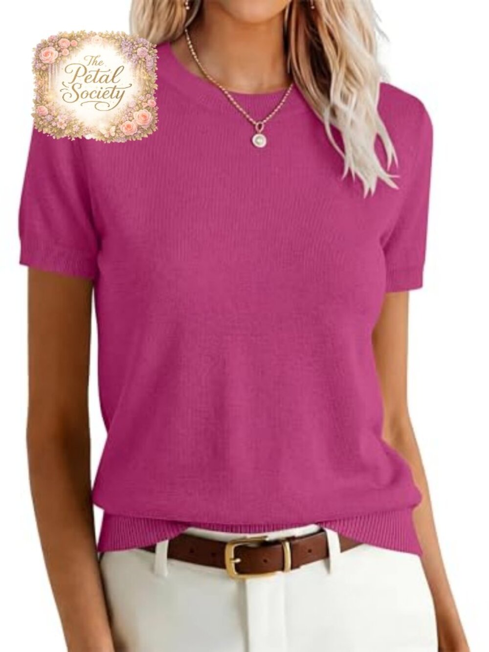 Womens Short Sleeve Wool Blend Crew Neck Knit Sweater